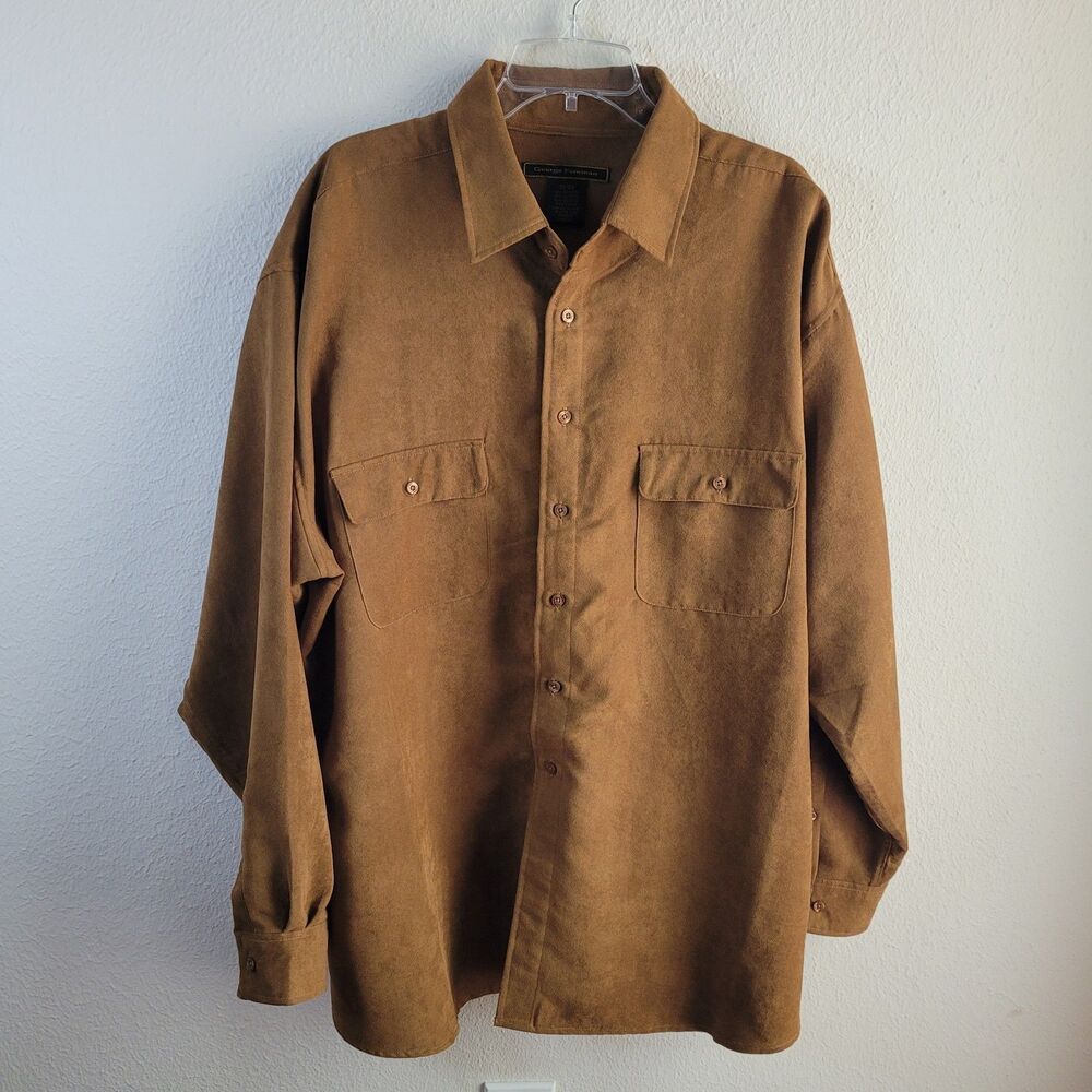 Vintage George Foreman 2X Big Faux Suede Brown Long Sleeve Button Shirt